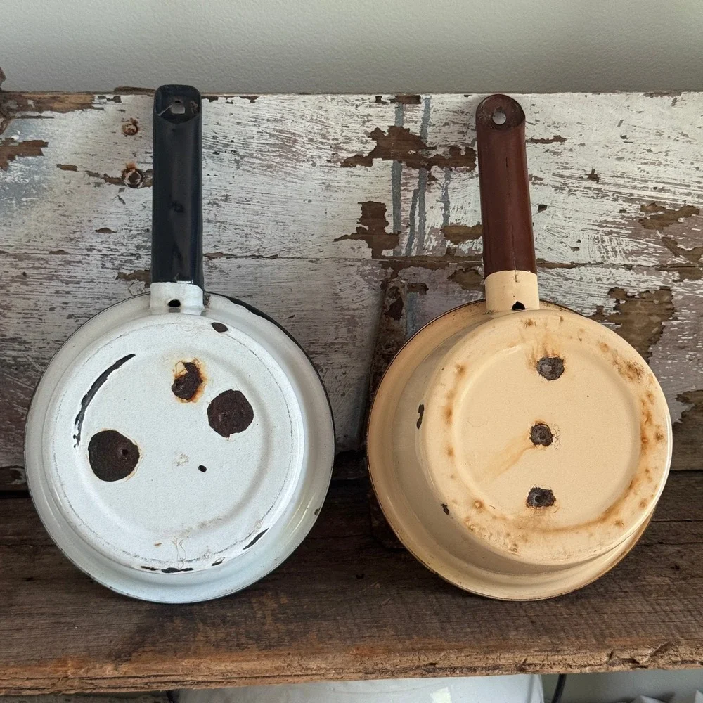 Vintage Enamelware Pot Set Rustic Distressed Farmhouse‎ Decor Cream White 2pc